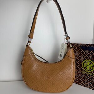NWT Tory Burch T-Monogram Embossed Crescent Shoulder Bag